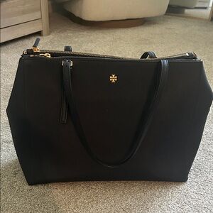 Tory Burch Navy Blue Tote Bag Purse with Gold Accents EUC